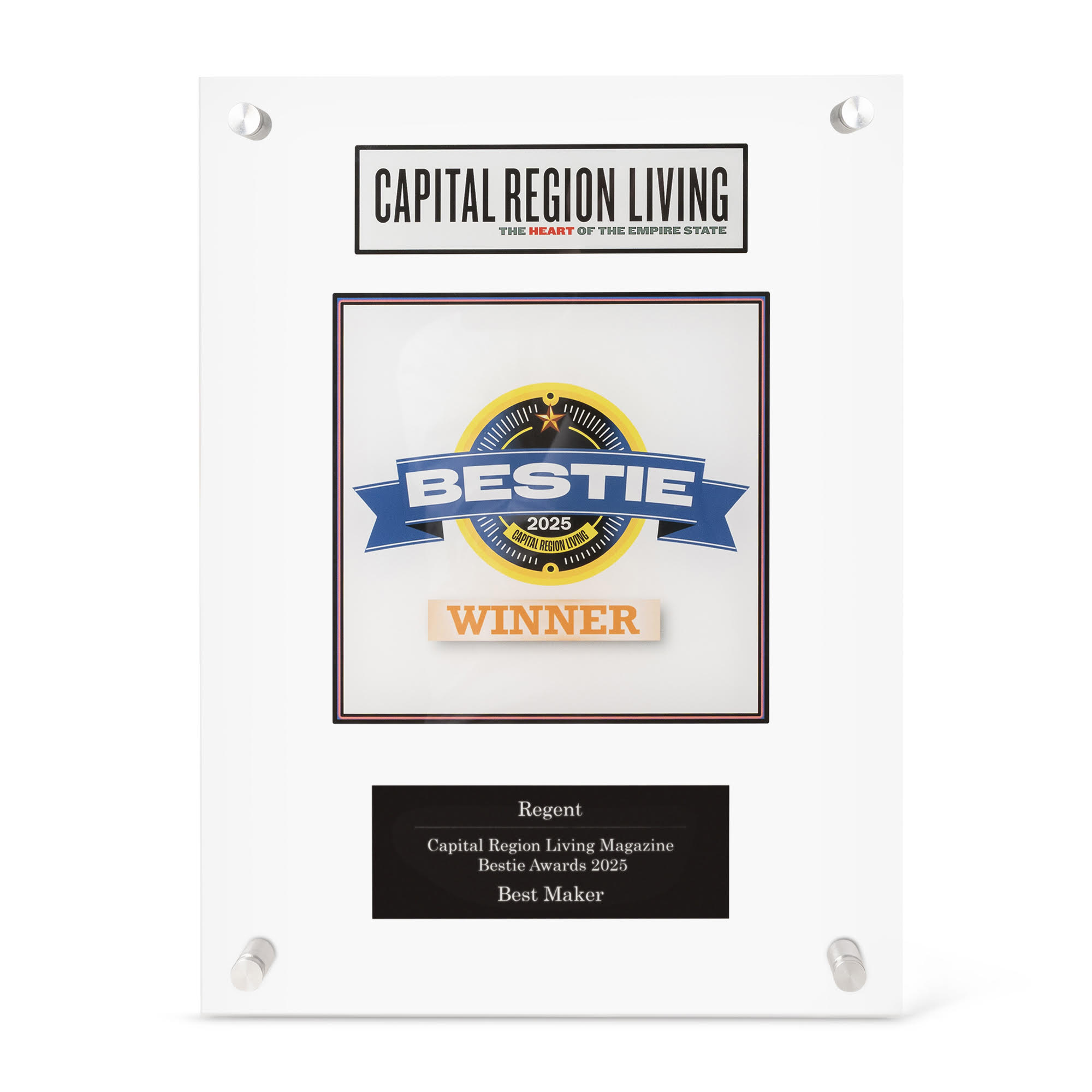 Clear acrylic recognition plaque with a layered printed article