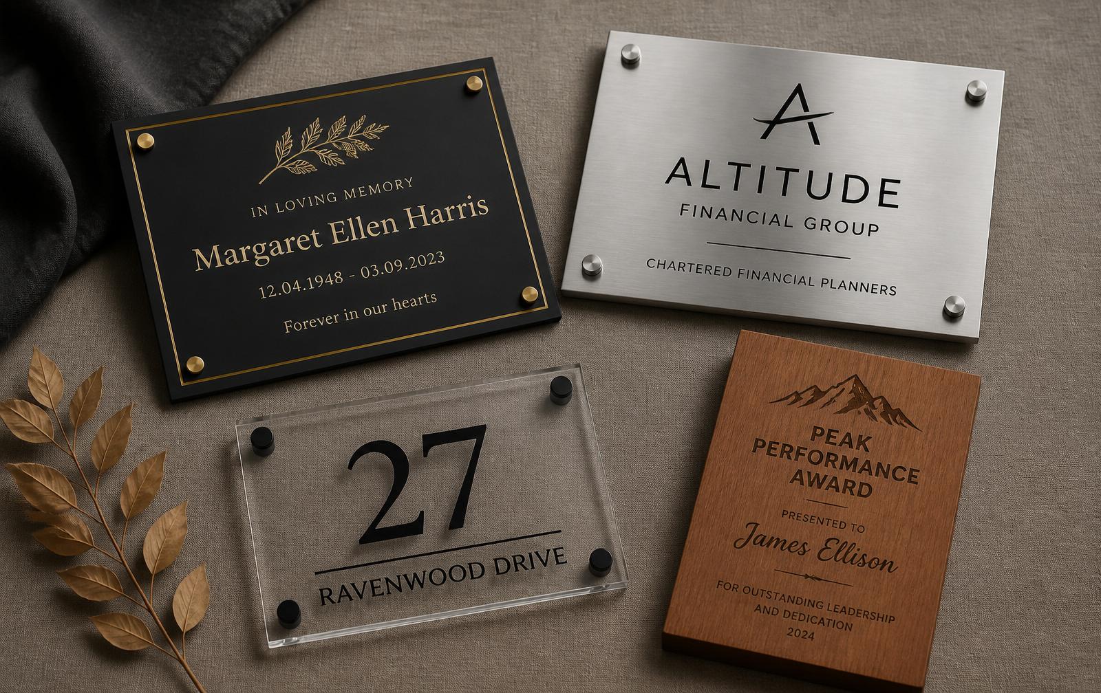 A collection of custom plaques and signs
